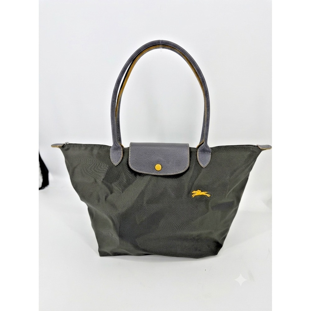 Longchamp Le Pliage Tote Bag Green/Gray Nylon Leather Classic  Logo Embroidery